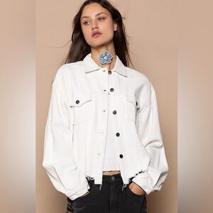 POL Boho Corduroy Button Up Jacket Raw Hem 100% Cotton Relaxed Fit Ivory White S